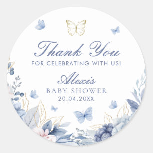 Sticker Rond Merci bleu papillon Baby shower garçon