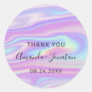 Sticker Rond Merci Blush Nom Date Noir Blanc Holographique