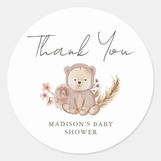 Sticker Rond Merci Boho Botanique Sweet Bear Baby shower (Devant)