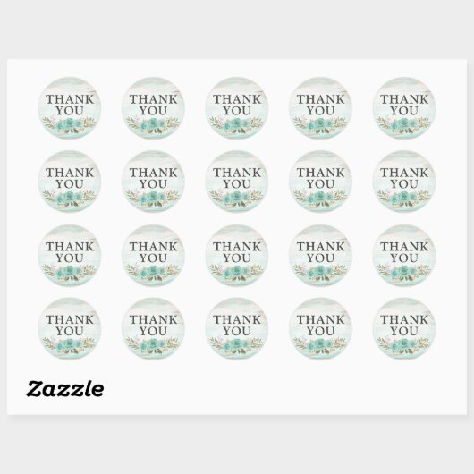 Sticker Rond Merci Bois Rustique Roses Florales Turquoise (Feuille)