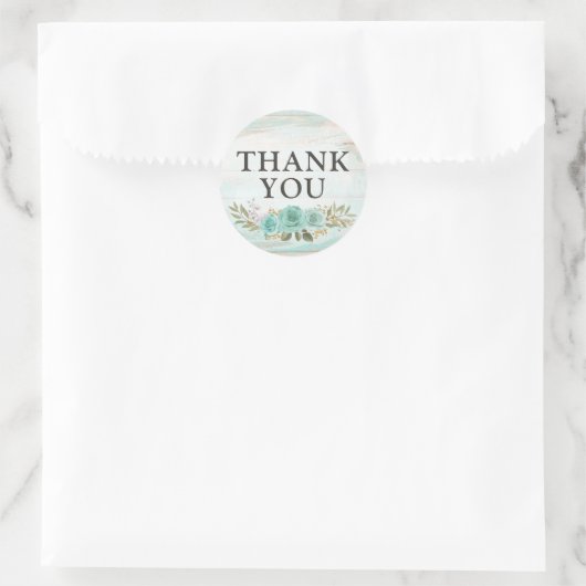 Sticker Rond Merci Bois Rustique Roses Florales Turquoise (Sac)
