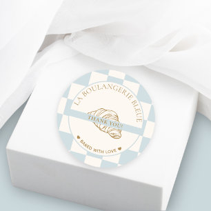 Sticker Rond Merci Boulangerie Croissant à Carreaux Bleu Clair