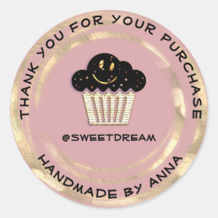 Sticker Rond Merci Boutique Chocolat Muffin Sourire Rose or