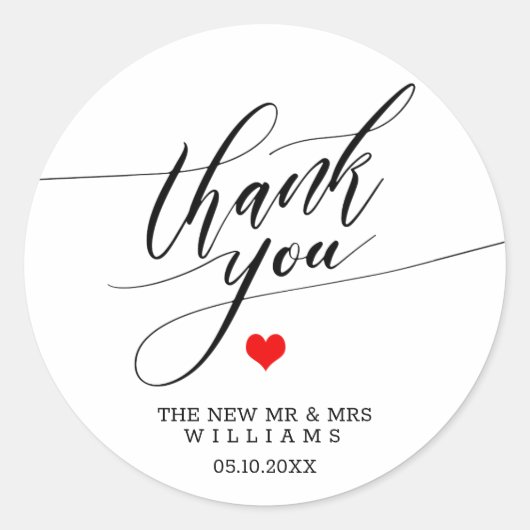 Sticker Rond Merci calligraphie Mariage de coeur rouge (Devant)
