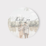 Sticker Rond Merci Chic Calligraphie Mariage photo<br><div class="desc">Un autocollant simple de mariage "Merci" présente photo et calligraphie chic.</div>