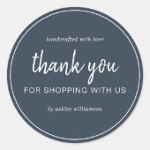Sticker Rond Merci Chic Script Bleu Foncé pour vos Achats (Devant)