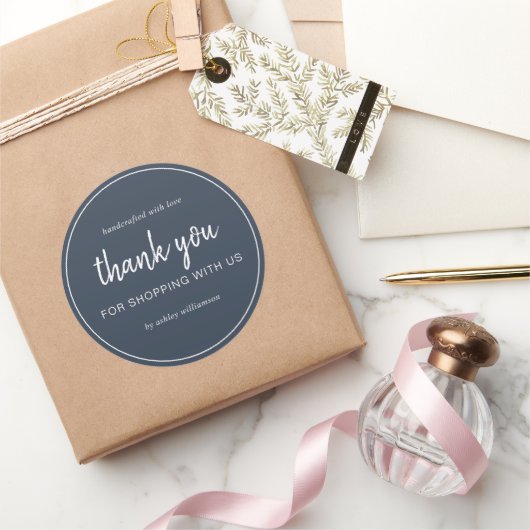 Sticker Rond Merci Chic Script Bleu Foncé pour vos Achats (Cadeaux)