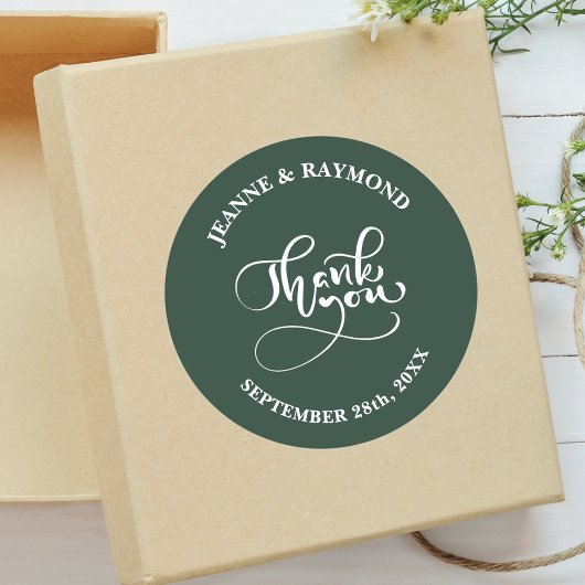 Sticker Rond Merci Chimique Calligraphie Sage Green Mariage