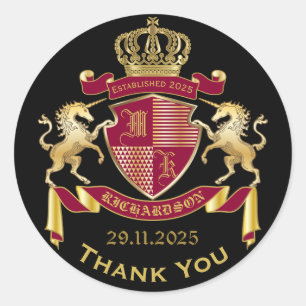 Sticker Rond Merci Coat of Arms Red Gold Unicorn Emblem
