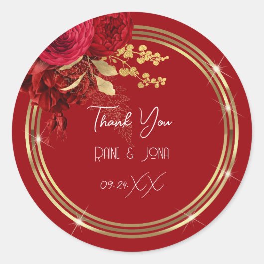Sticker Rond Merci Coeur Douce nuptiale16e couronne rouge or (Devant)