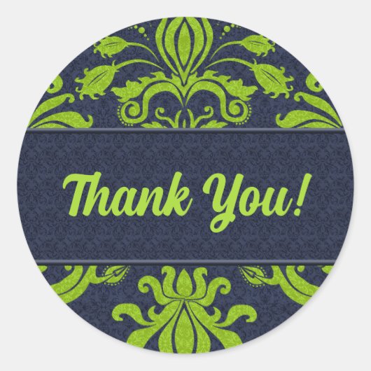 Sticker Rond Merci commercial Green et Navy Damask (Devant)
