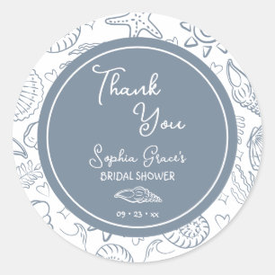 Sticker Rond Merci Coquillages Bleus Pâles Gribouillis