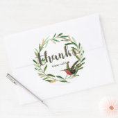 Sticker Rond Merci, couronne florale avec feuille d'oiseau (Enveloppe)