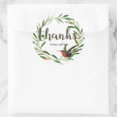Sticker Rond Merci, couronne florale avec feuille d'oiseau (Sac)