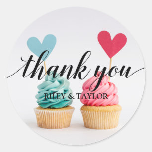 Sticker Rond Merci Cupcakes au coeur bleu et rose