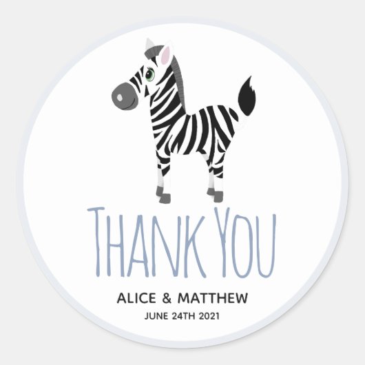 Sticker Rond Merci Cute Blue Zebra Baby shower Favoriser (Devant)