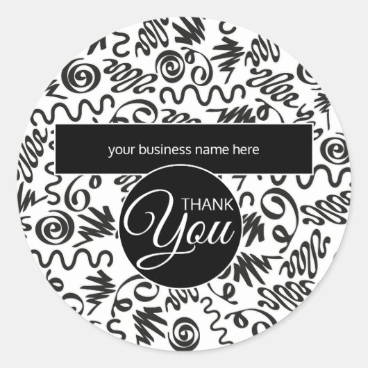 Sticker Rond Merci d'affaires Doodle Curls Noir et Blanc (Devant)