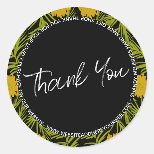 Sticker Rond Merci d'affaires Jaune Floral Script (Devant)