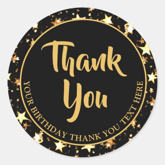 Sticker Rond Merci d'anniversaire Brush Script Black Gold Stars (Devant)