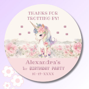 Sticker Rond Merci d'anniversaire de la fille Unicorne rose