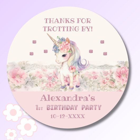 Sticker Rond Merci d'anniversaire de la fille Unicorne rose