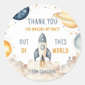 Sticker Rond Merci d'anniversaire du garçon spatial (Devant)