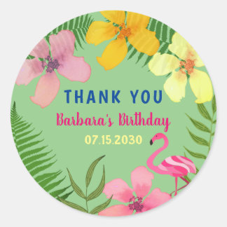 Sticker Rond Merci d'anniversaire Flamant Tropical