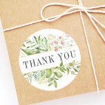 Sticker Rond Merci d'aquarelle de feuillage vert sauvage<br><div class="desc">Un élégant autocollant de remerciement de mariage avec de l'aquarelle feuillage vert sauvage avec des fleurs roses. Il conviendra parfaitement aux mariages du printemps, aux mariages d'été, aux mariages de plage et autres événements similaires. Pour une personnalisation plus avancée de cette conception, veuillez cliquer sur le bouton "Personnaliser" ci-dessus !...</div>