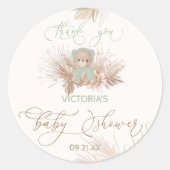 Sticker Rond Merci de Baby shower à fleurs d'ours vert (Devant)