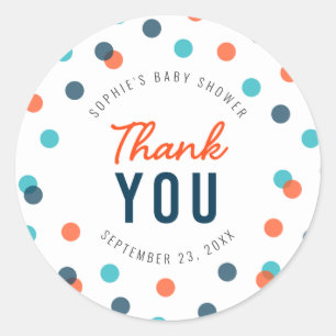 Sticker Rond Merci de Baby shower bleu foncé orange Confetti