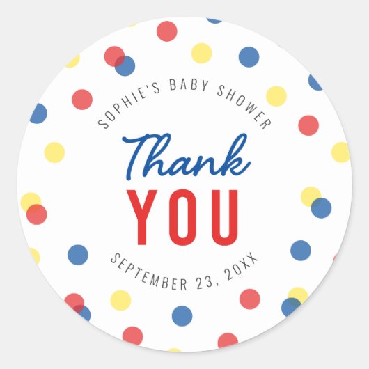 Sticker Rond Merci de Baby shower bleu rouge jaune Confetti (Devant)