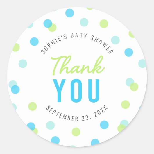 Sticker Rond Merci de Baby shower Blue Aqua Green Confetti (Devant)