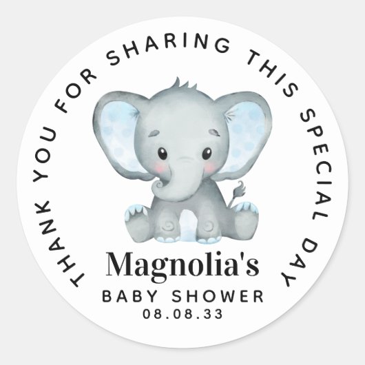 Sticker Rond Merci de Baby shower Blue Elephant (Devant)