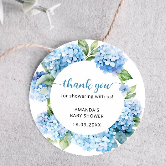 Sticker Rond Merci de Baby shower Blue Hydrangea