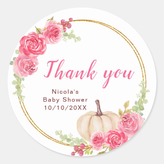 Sticker Rond Merci de Baby shower Citrouille rose chaud (Devant)