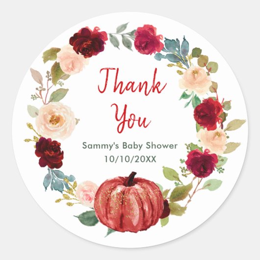 Sticker Rond Merci de Baby shower Citrouille rouge floral (Devant)