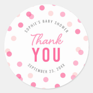 Sticker Rond Merci de Baby shower Confetti rose