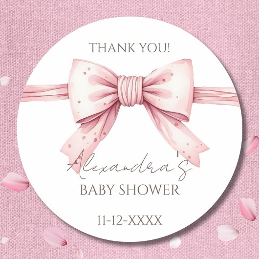 Sticker Rond Merci de Baby shower Coquette Rose Bow