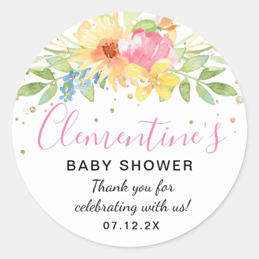 Sticker Rond Merci de Baby shower d'aquarelle rose jaune (Devant)