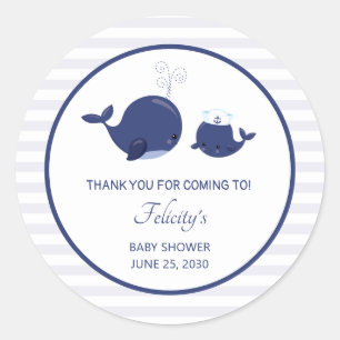 Sticker Rond Merci de Baby shower de baleine bleu marine