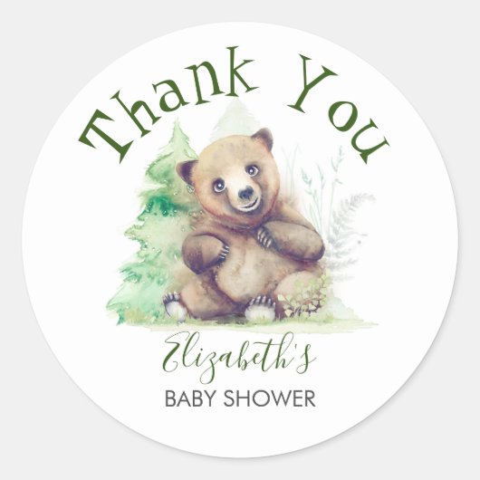 Sticker Rond Merci de Baby shower de bois de l'ours bébé (Devant)