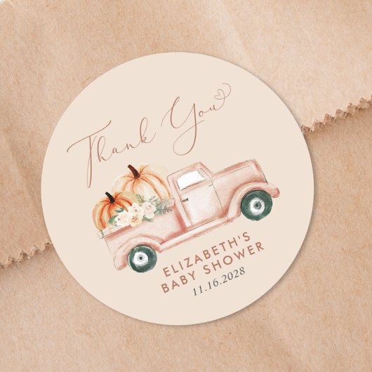 Sticker Rond Merci de Baby shower de camion Citrouille mignon
