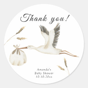 Sticker Rond Merci de baby shower de cigogne d'aquarelle