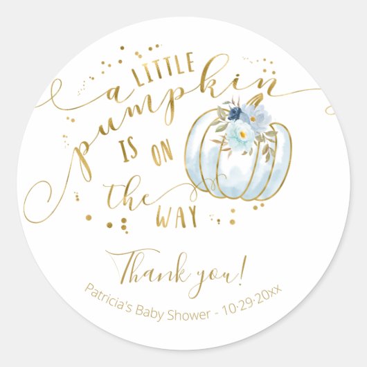 Sticker Rond Merci de Baby shower de Citrouille d'automne Blue (Devant)