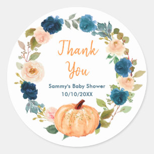 Sticker Rond Merci de Baby shower de Citrouille de Pêche Floral
