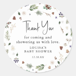 Sticker Rond Merci de Baby shower de feuillage d'hiver Aquarell