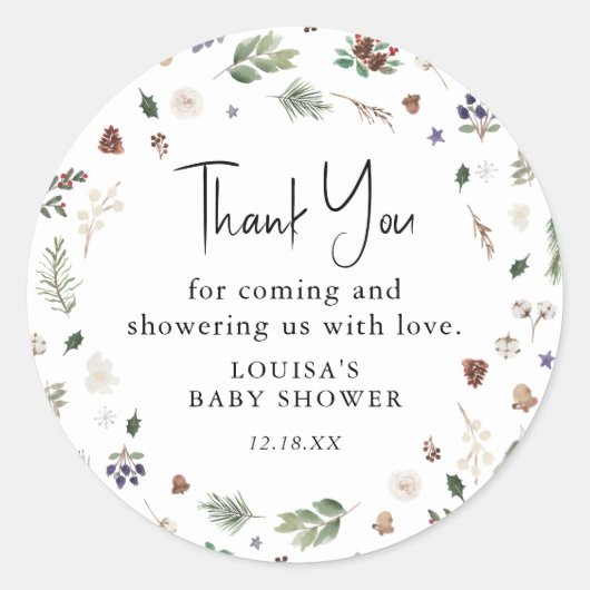 Sticker Rond Merci de Baby shower de feuillage d'hiver Aquarell (Devant)