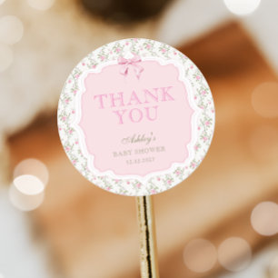 Sticker Rond Merci de Baby shower de fille de la croupe rose