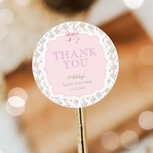 Sticker Rond Merci de Baby shower de fille de la croupe rose