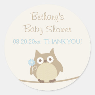 Sticker Rond Merci de baby shower de hibou de garçon